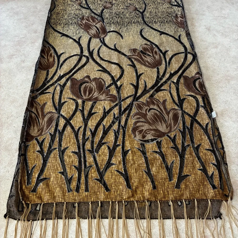 Black & Golden Brown Floral Pattern With Silver Glitter Scarf With Fringe - Picture 2 of 11